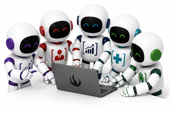 A team of College Agent robots working together at a laptop
